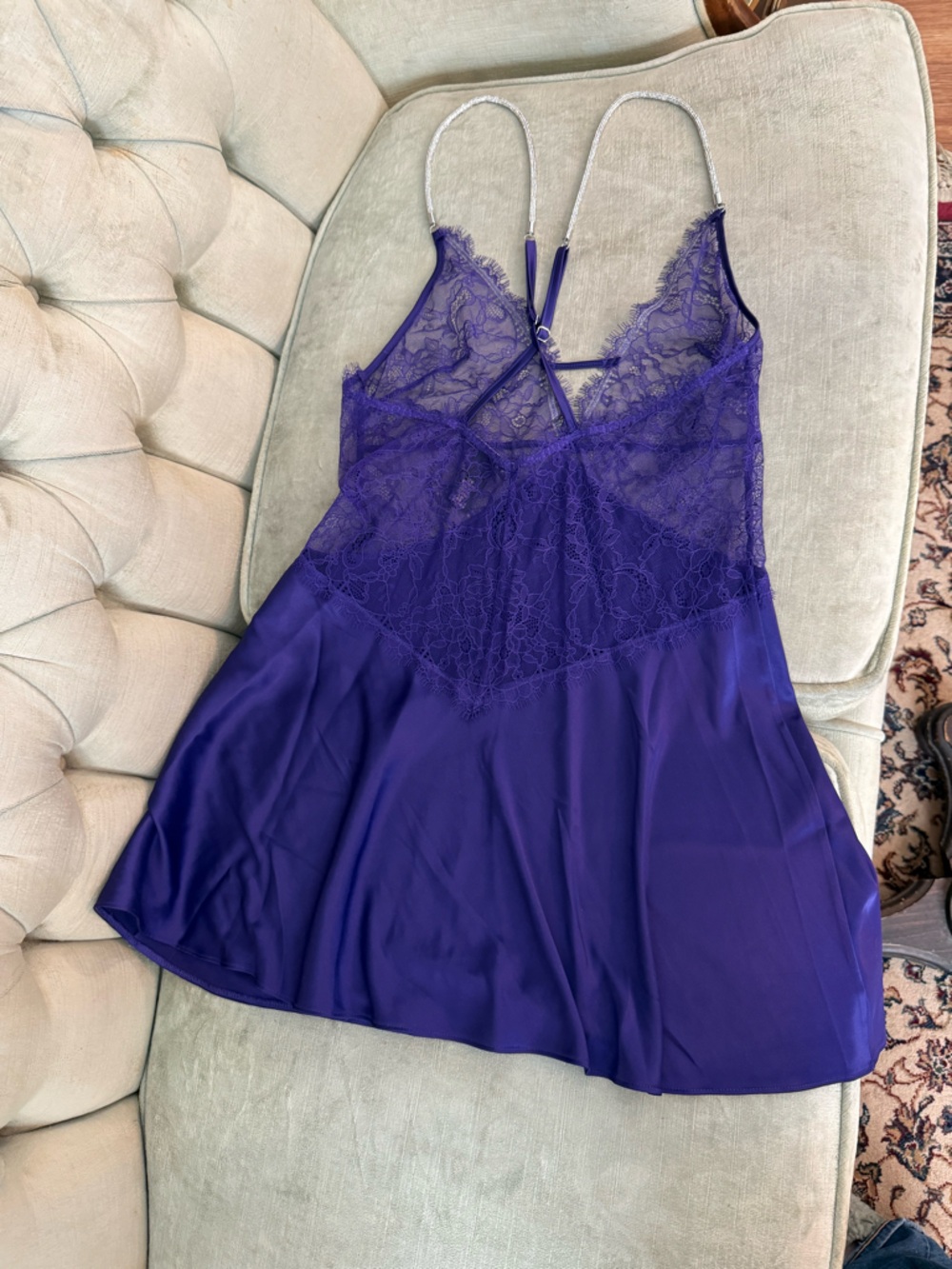 💜 Victoria’s Secret Purple Lace Satin Chemise Slip Dress Gem Straps XS - Picture 5 of 7